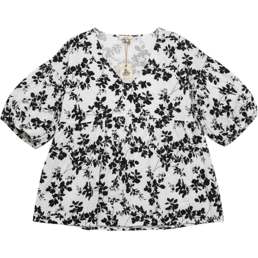 NEW Easel Floral Babydoll Top Womens 2X White Black Puff Sleeve V-Neck Blouse
